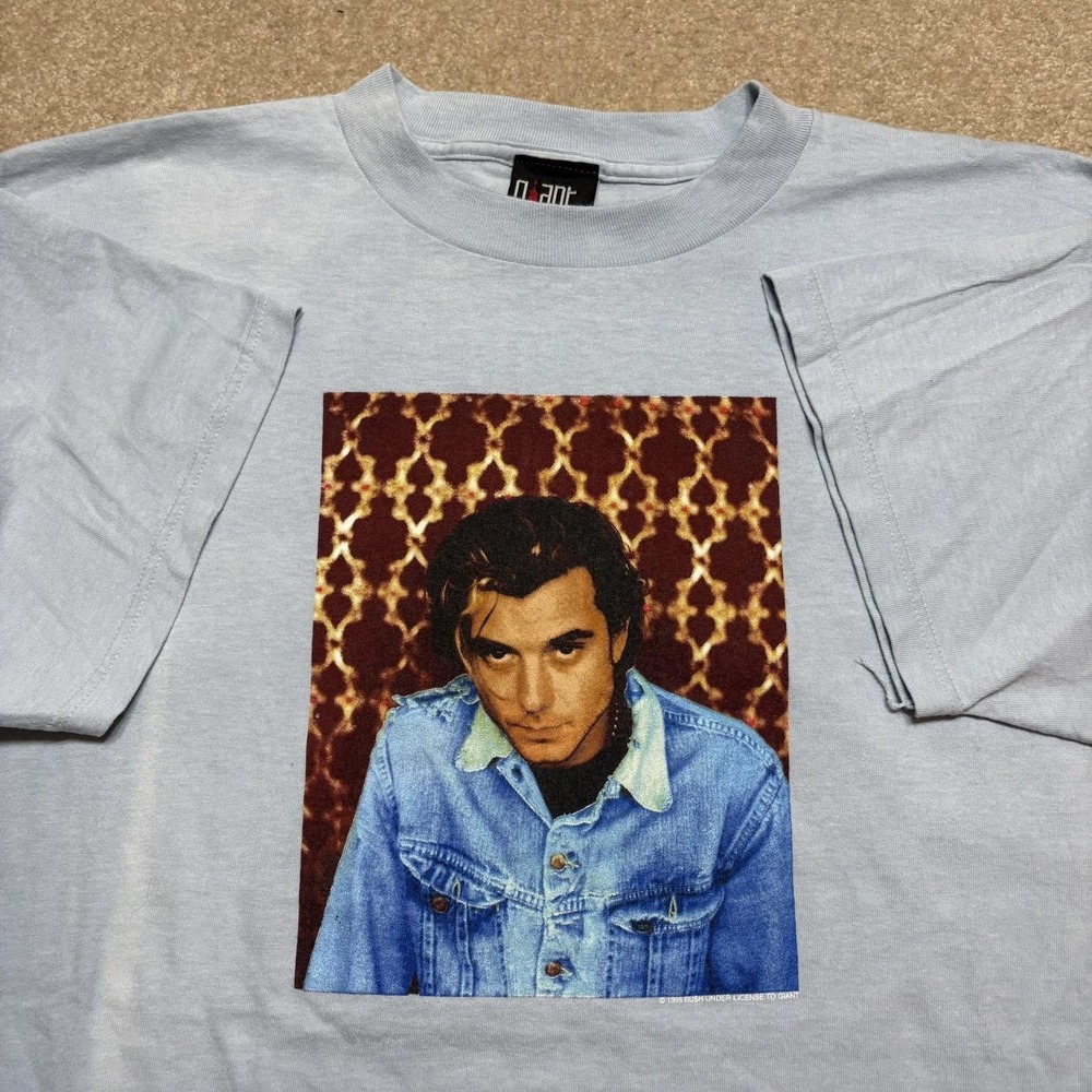 Vtg 90s Bush Band Shirt Mens XL Blue Gavin Rossdale Portrait Graphic Grunge 1995